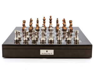 Dal Rossi Italy Chess Set Carbon Fibre Finish 20″ With Compartments, With Copper and Silver Weighted Metal Chess Pieces 100mm pieces