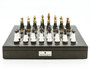 Dal Rossi Italy Chess Set Carbon Fibre Shinny Finish 20″ With Compartments, With Black and White with Gold and Gun Metal Tops and Bottoms Chessmen 110mm