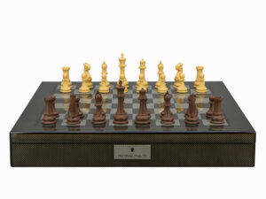 Dal Rossi Italy Chess Set Carbon Fibre Shinny Finish20″ With Compartments, With Queens Gambit Chessmen 90mm