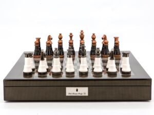 Dal Rossi Italy Chess Set Carbon Fibre Finish 20″ With Compartments,With Black and White Copper and Gun Metal Gray Tops and Bottoms Chessmen 110mm
