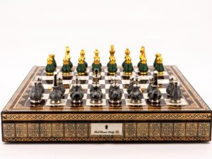 Dal Rossi Italy Chess Set Mosaic Finish 20″ With Compartments, With Gray and Green Gold and Silver Tops and Bottoms Chess Pieces 90mm