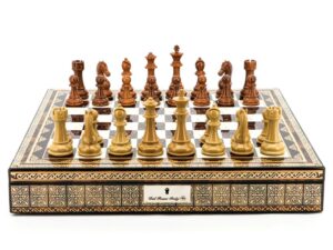 Dal Rossi Italy Chess Set Mosaic Shinny Finish 20″ With Compartments, Brown and Box Wood Grain Finish Chess Pieces 110mm