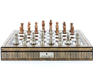 Dal Rossi Italy Chess Set Mosaic Shinny Finish 20″ With Compartments, With Copper & Silver Weighted Metal Chess Pieces 85mm pieces