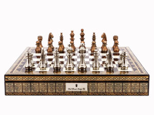 Dal Rossi Italy Chess Set Mosaic Shinny Finish 20″ With Compartments, With Copper & Silver Weighted Metal Chess Pieces 100mm pieces