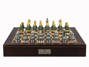 Dal Rossi Italy Chess Set Mahogany Shinny Finish 20″ With Compartments, With Gray and Green Gold and Silver Metal Tops and Bottoms Chess Pieces 90mm