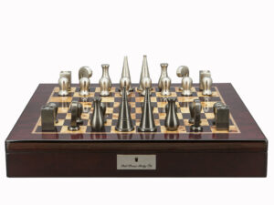 Dal Rossi Italy Chess Set Mahogany Finish 20″ With Compartments, With Metal Dark Titanium and Silver 90mm Chessmen