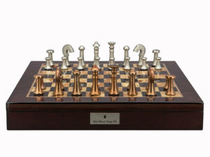Dal Rossi Italy Chess Set Mahogany Shinny Finish 20″ With Compartments, With Metal Copper and silver Chessmen 80mm