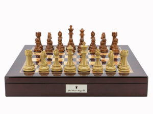 Dal Rossi Italy Chess Set Mahogany Shinny Finish 20″ With Compartments, Brown and Box Wood Grain Finish 110mm Chess Pieces