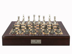Dal Rossi Italy Chess Set Mahogany Shinny Finish 20″ With Compartments, With Metal Dark Titanium and Gold chessmen 85mm