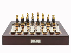 Dal Rossi Italy Chess Set Mahogany Shinny Finish 20″ With Compartments, With Black and White with Gold and Gun Metal Tops and Bottoms Chessmen 110mm