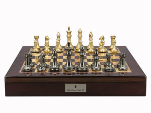 Dal Rossi Italy Chess Set Mahogany Shinny Finish 20″ With Compartments, With Very Heavy Brass Staunton Gold and Silver Chessmen 110mm