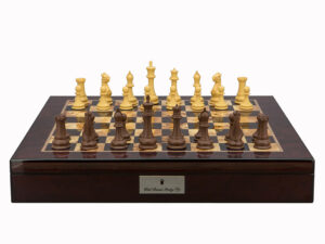 Dal Rossi Italy Chess Set Mahogany Shinny Finish20″ With Compartments, With Queens Gambit Chessmen 90mm