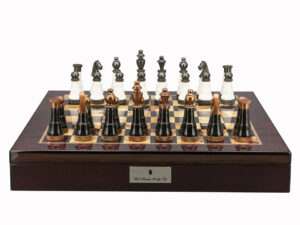 Dal Rossi Italy Chess Set Mahogany Finish 20″ With Compartments, With Black and White with Copper and Gun Metal Gray Tops and Bottoms Chess Pieces 110mm