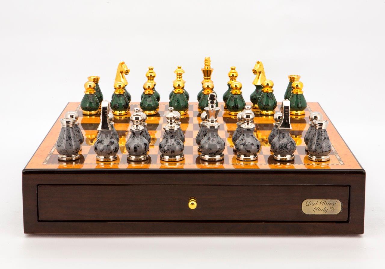 Dal Rossi Italy Chess Set Walnut 18" With Gray and Green Gold and Silver Metal Tops and Bottoms Chess Pieces 90mm