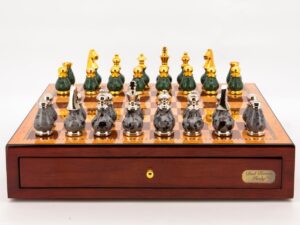 Dal Rossi Italy Chess Set Mahogany Finish 18" With Gray and Green Gold and Silver Metal Tops and Bottoms Chess Pieces 90mm