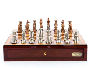 Dal Rossi Italy Chess Set Mahogany Finish 18" With two Drawers, With Copper and Silver Weighted Metal Chess Pieces