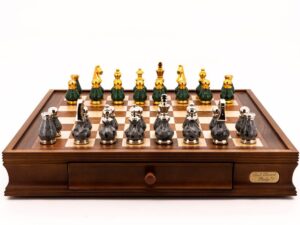 Dal Rossi Italy Chess Set Walnut Finish 20″ With Two Drawers, With Gray and Green Gold and Silver Tops Chess Pieces 90mm