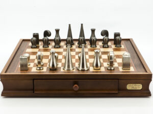 Dal Rossi Italy Chess Set Walnut Finish 16″ With Two Drawers, Metal Dark Titanium and Silver 90mm Chessmen