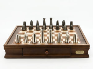Dal Rossi Italy Chess Set Walnut Finish 20″ With Two Drawers, With Metal Dark Titanium and Silver chessmen 85mm