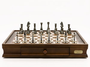 Dal Rossi Italy Chess Set Walnut Finish 20″ With Two Drawers, With Metal Dark Titanium and Silver chessmen 85mm