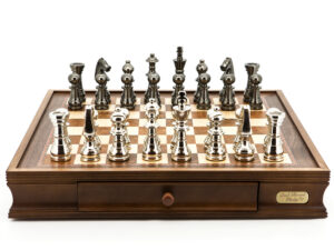 Dal Rossi Italy Chess Set Walnut Finish 20″ With Two Drawers, With Metal Dark Titanium and Silver chessmen 115mm
