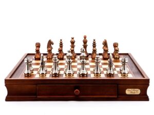 Dal Rossi Italy Chess Set Walnut Finish 20″ With Two Drawers, With Copper & Silver Weighted Metal Chess Pieces 100mm pieces