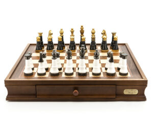 Dal Rossi Italy Chess Set Walnut Finish 20″ With Two Drawers, With Black and White with Gold and Gun Metal Tops and Bottoms Chessmen 110mm