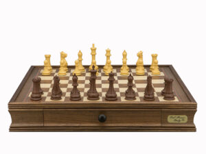 Dal Rossi Italy Chess Set Walnut Finish 20″ With Two Drawers, Queen Gambit Chessmen 90mm