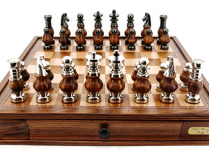 Dal Rossi LARGE Metal Wood Chess Set With Two Drawers 20" Walnut Finish