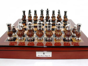 Dal Rossi LARGE Metal Wood Chess Set With compartments 20" Walnut Finish