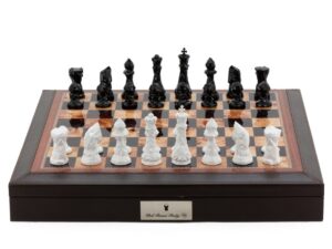 Dal Rossi Italy Brown PU Leather Bevelled Edge chess box with compartments 18" with Diamond-Cut Black & White Finish Chessmen