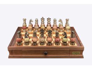 Dal Rossi Italy Chess Set on a 20" Walnut Board & Box with Coloured Stone and Metal , Silver Chessmen