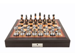 Dal Rossi Italy Walnut Finish PU Leather Bevelled Edge Chess Set With Compartments and Metal / Marble Finish Chess Pieces