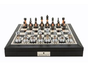 Dal Rossi Italy Chess Set Black Finish PU Leather Bevelled Edge 16" With Compartments and Metal/Marble Finish Chess Pieces