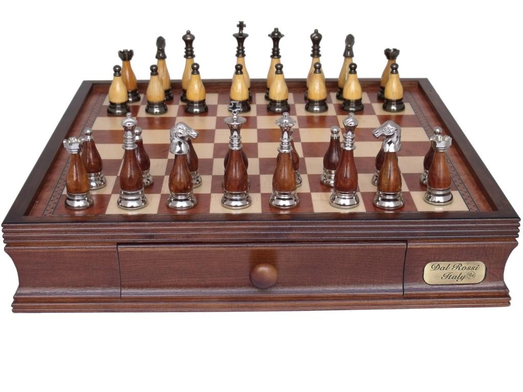Dal Rossi Italy Staunton Metal/Wood Chess Set with Drawers 16"