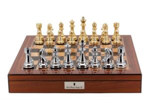 Dal Rossi Italy Gold & Titanium Chess Pieces on Walnut Finish Chess Box 20” with compartments