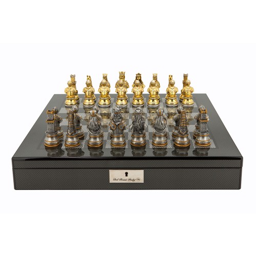 Dal Rossi Italy Medieval Warrior Chess Set on Carbon Fibre Shiny Finish Chess Box 20” with compartments