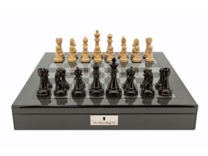 Dal Rossi Italy Black Ebony and Box wood Finish Chess Set on Carbon Fibre Shiny Finish Chess Box 20” with compartments
