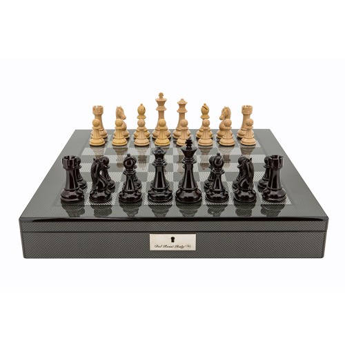 Dal Rossi Italy Black Ebony and Box wood Finish Chess Set on Carbon Fibre Shiny Finish Chess Box 20” with compartments
