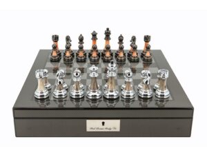 Dal Rossi Italy Carbon Fibre Shiny Finish Chess Box 16” with Metal Marble Chess Pieces