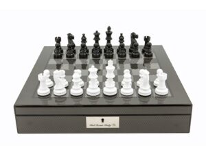 Dal Rossi Italy Carbon Fibre Shiny Finish Chess Box 16” with Black and White Chess Pieces