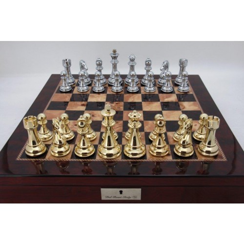 Dal Rossi Italy Chess Box Mahogany Finish 20" with compartments Gold and Silver 101mm pieces