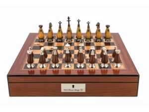 Dal Rossi Staunton Metal Wood Chess set Walnut Finish Chess Box 16” with compartments