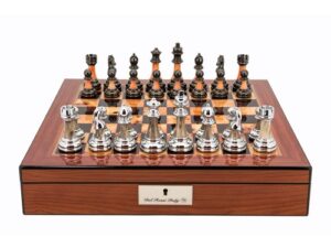 Dal Rossi Metal / Marble Finish Chess set Walnut Finish Chess Box 16” with compartments