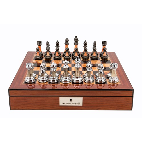 Dal Rossi Metal / Marble Finish Chess set Walnut Finish Chess Box 16” with compartments
