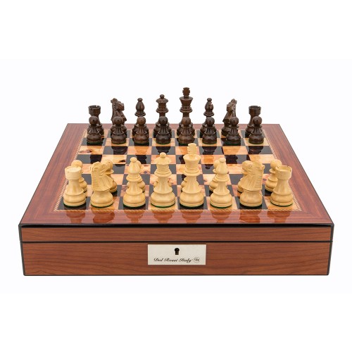 Dal Rossi Italy Staunton Wooden 85mm Chess Pieces on Walnut Shiny Finish Chess Box 16” with compartments