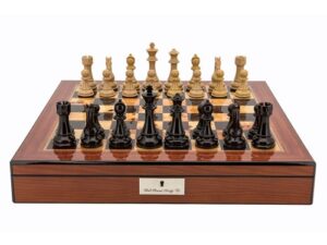 Dal Rossi Red and Box Wood Finish Chess Set on Walnut Finish Chess Box 20” with compartments
