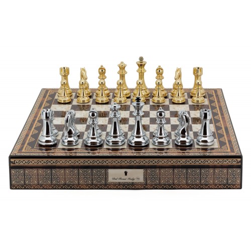 Dal Rossi Italy mosaic finish 20 inch chess box with gold and silver pieces