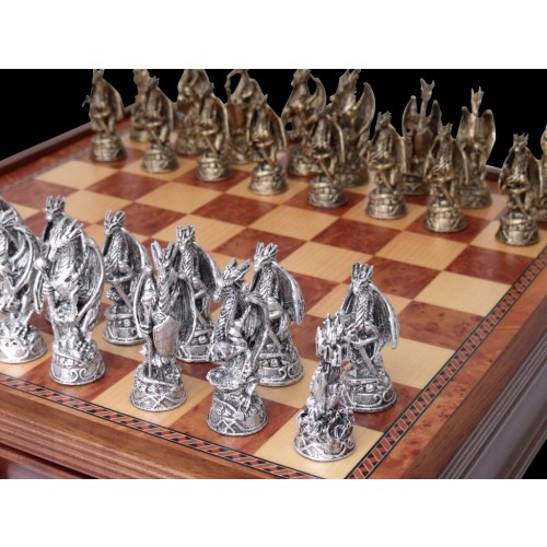 Dal Rossi Italy, Mystical Dragon Chess Set, Pewter, 95mm on Dal Rossi 40cm Chess Box - Image 3