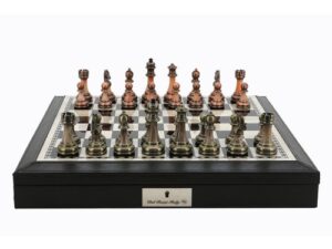 Dal Rossi Italy Black PU Leather Bevelled Edge chess box with compartments 18" with Antique Green and Copper Finish Chessmen